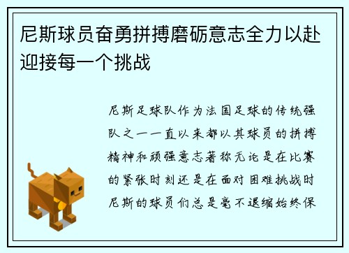 尼斯球员奋勇拼搏磨砺意志全力以赴迎接每一个挑战